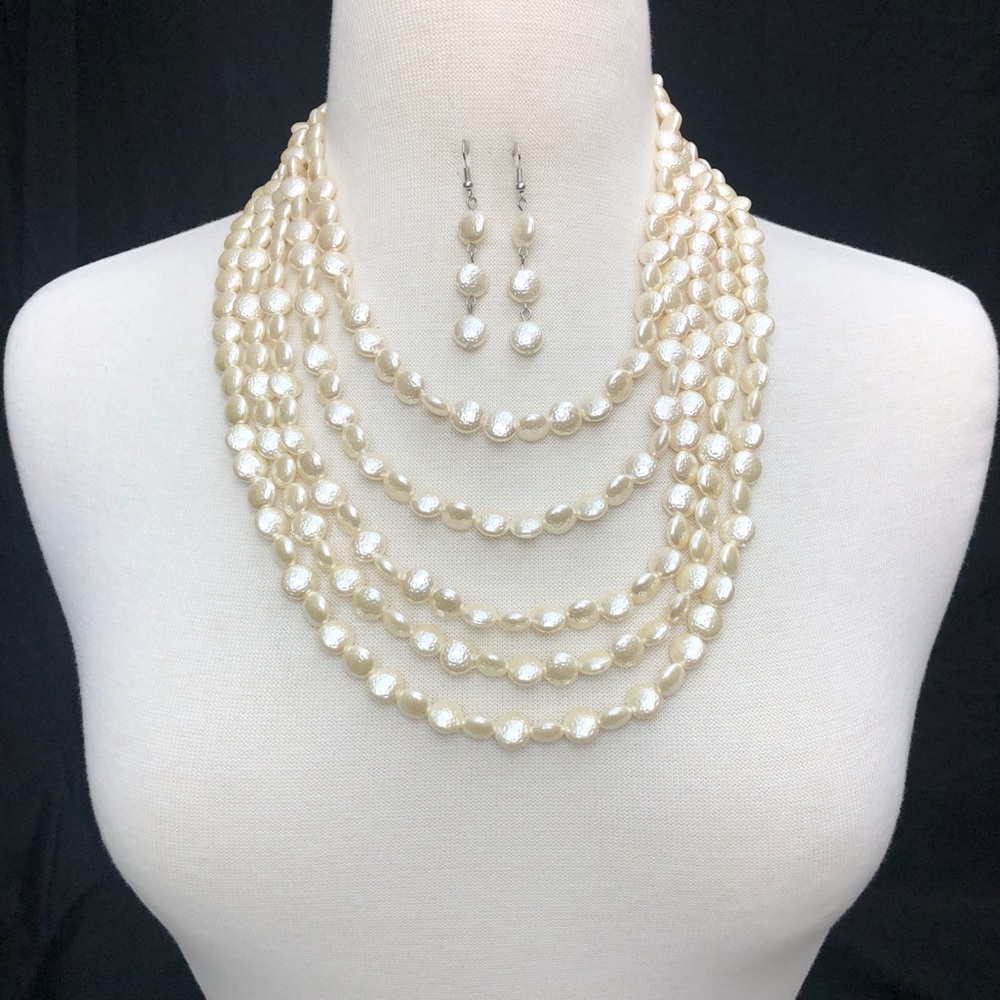 Layered Coin Pearl Long Necklace Earrings Set